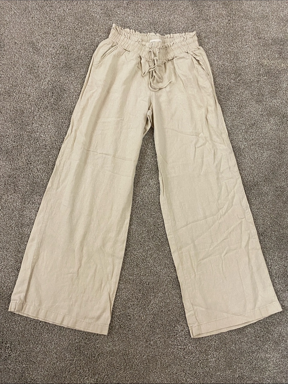 Wide Leg Drawstring Linen-Blend Pants - Cream